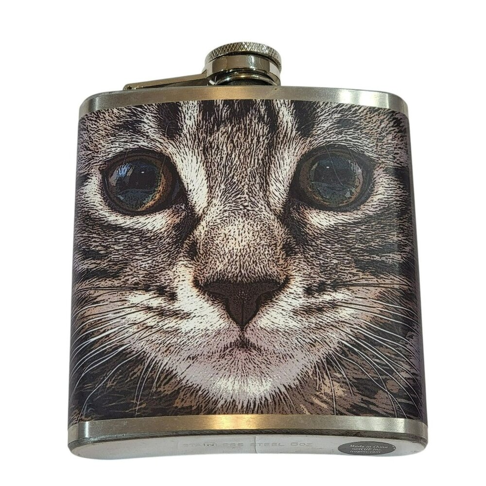 iCup Cat 6oz Flask, Silver Color with Screw Top Lid